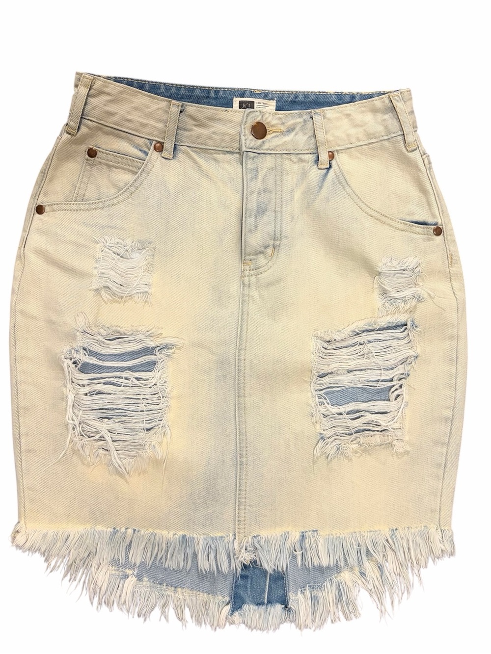 NWOT: LIRA Distressed Frayed Denim Pencil Skirt, Size 27